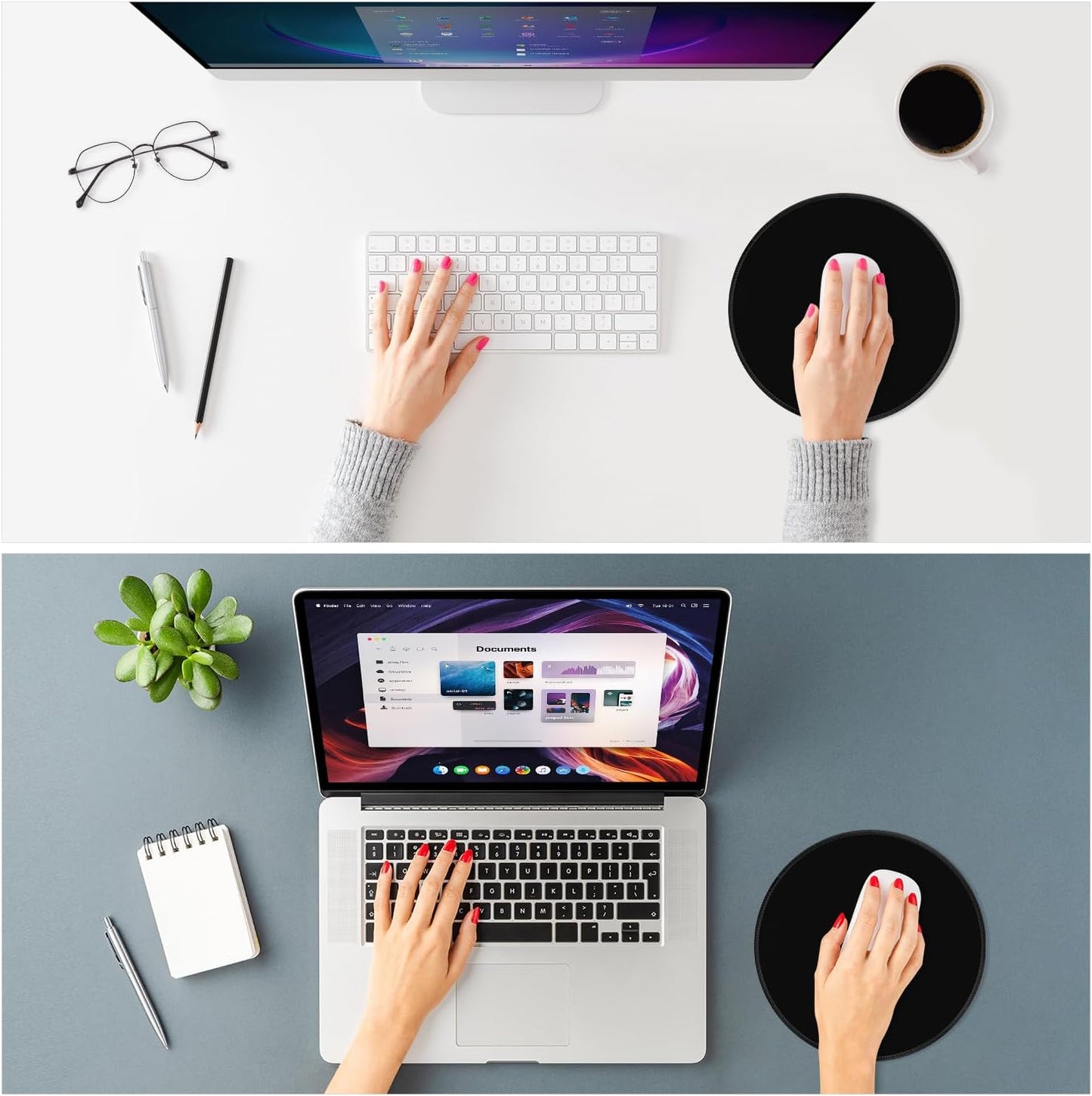 ITNRSIIET Mouse Pad Non-Slip Rubber Base Smooth Surface Stitched Edges Waterproof Durable Compatible with All Mice for Office & Gaming, Desk Accessory, Diameter 8.7 inch, JetBlack Solid