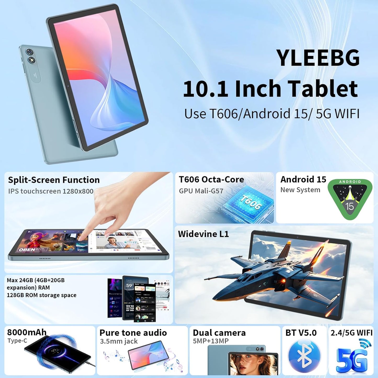 Android Tablet with Keyboard,10 inch Android 15 tablet, 24GB RAM 128GB ROM, 1TB Expand, Octa-Core, Widevine L1, 2.4G/5G WiFi, 8000mAh, Bluetooth, GMS, 2 in 1 Tablet with Case, Mouse, Stylus（Green）