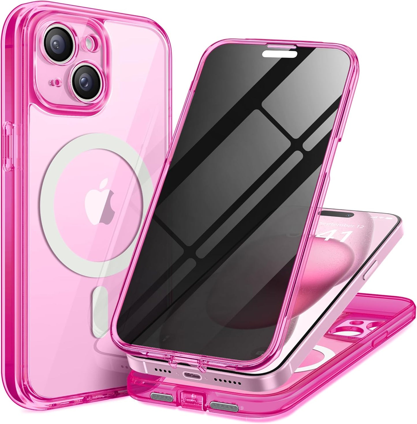 Magnetic for iPhone 15 Case, Compatible with MagSafe, Built-in Privacy Screen Protector and Camera Protection, Anti Spy Full Body Dustproof Shockproof Hard Phone Case 6.1", Fluorescent Pink