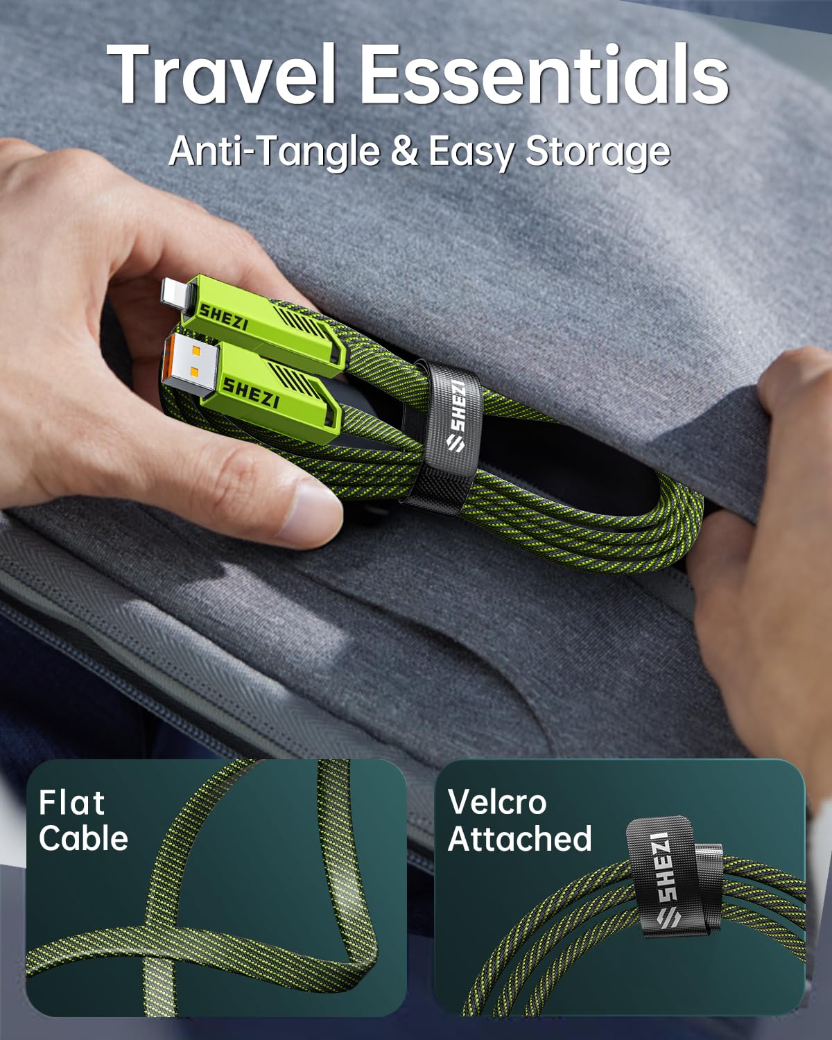 SHEZI [Upgraded 2.0] 4-in-1 USB C Cable 60W 10FT Fast Charging [480Mbps Data Sync] Flat Nylon Braided Charger Cord Combo, USB A/C to C/L Multi Charge Cable for iPhone/iPad & Most Devices, Green