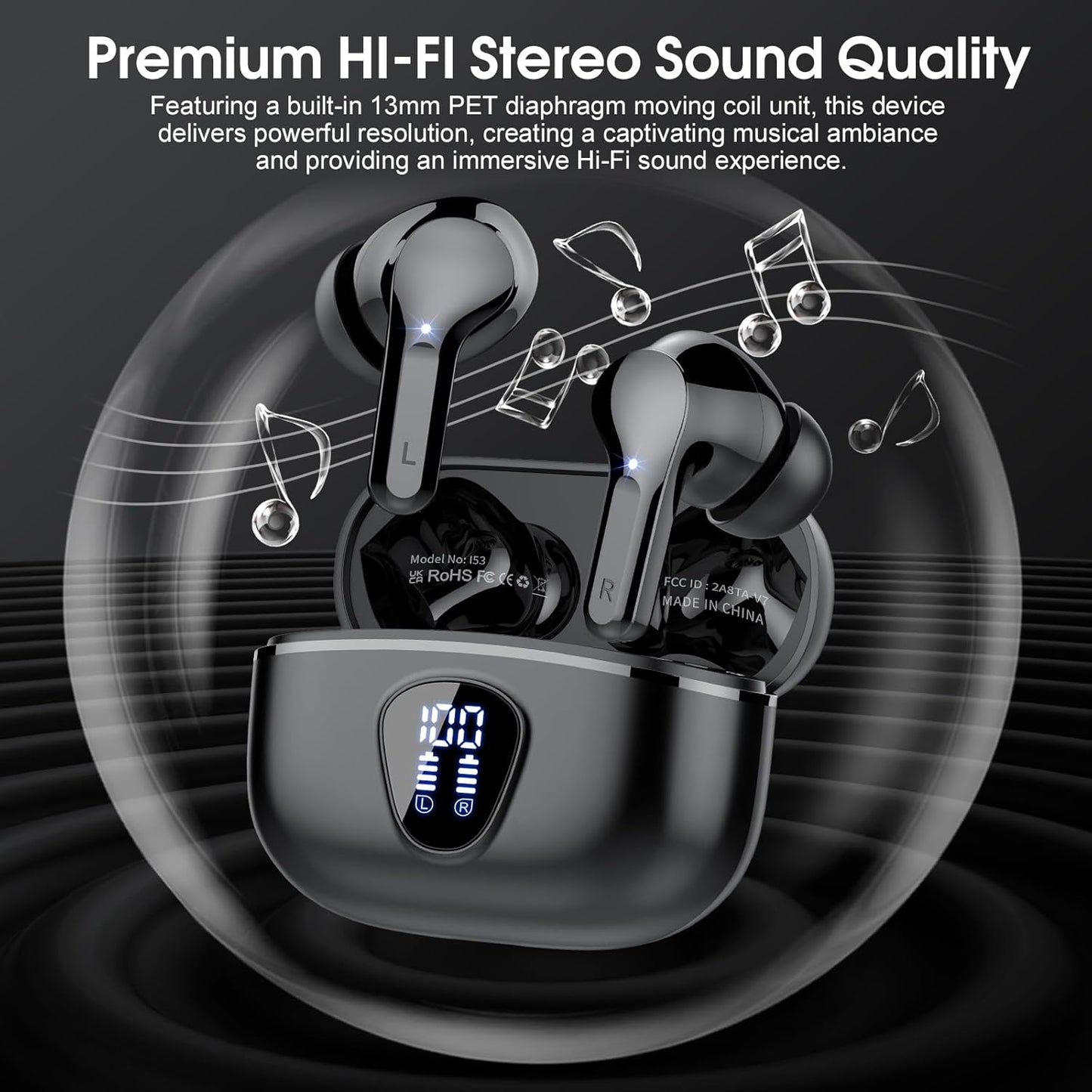 Wireless Earbuds, Bluetooth 5.4 Headphones HiFi Stereo, Bluetooth Earbuds with ENC Noise Cancelling Mic, IP7 Waterproof in Ear Earphones, 48H, LED Display Ear Buds for Pad Workout Sports, Black