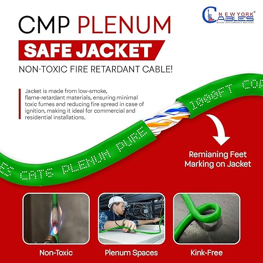 NewYork Cables CAT6 Plenum Cable 1000ft | 100% Solid Bare Copper, UTP, 550MHz, 23AWG, 4Pair 10GB Ethernet Cable, Certified CMP-Rated Bulk Cat 6 for Networking & Gaming (1000ft, Pure Copper,Green)