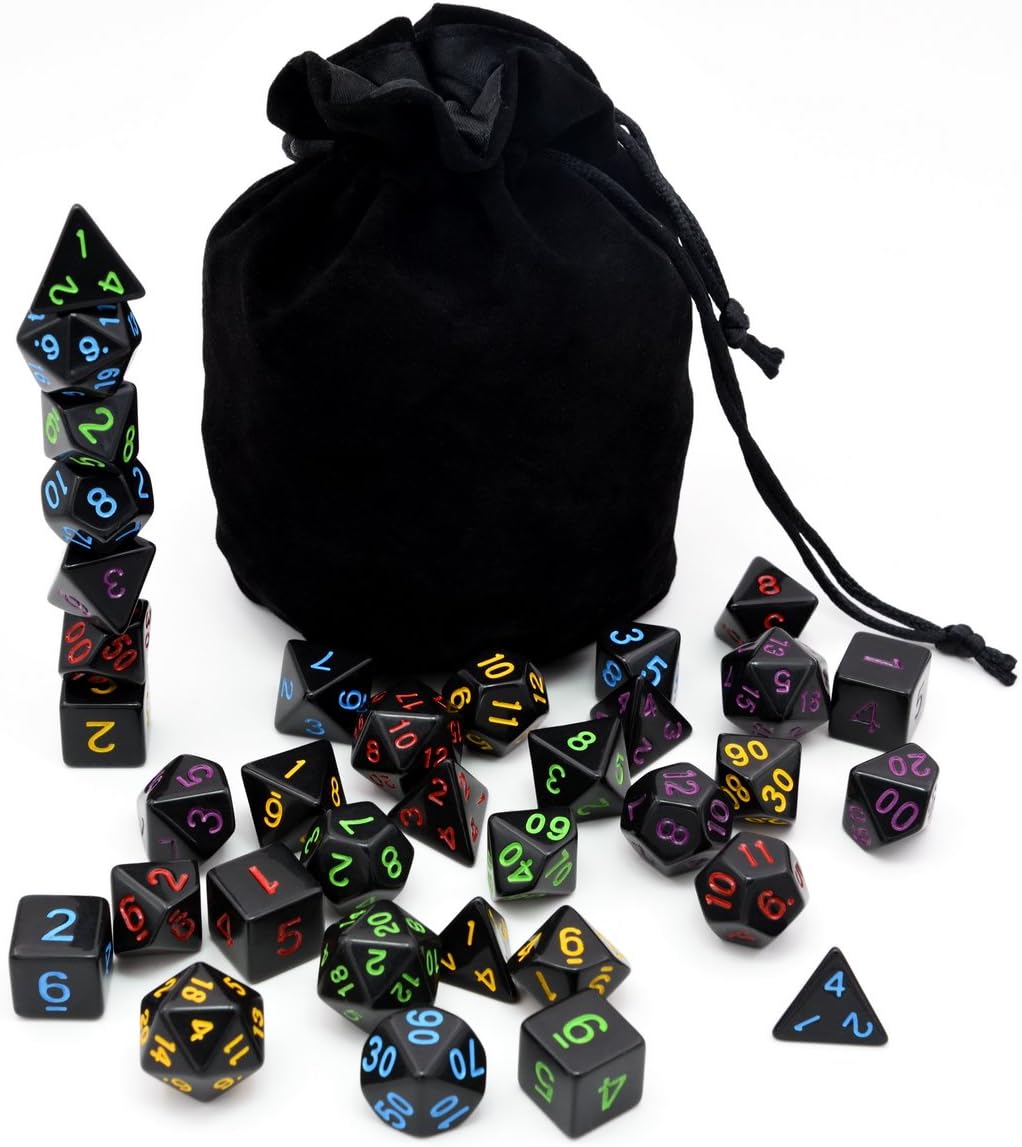 5 Sets New Black Polyhedral Dice with Satin-Lined Velvet Bag for Dungeons and Dragons DND RPG MTG D20 D12 D10 D8 D6 D4