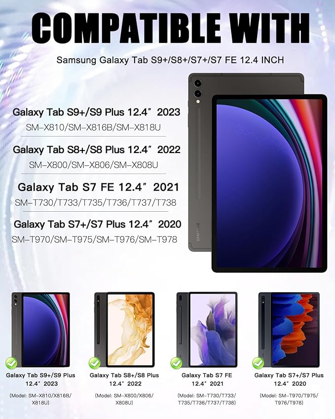 BRAECN Case for Samsung Galaxy Tab S9 FE+ Plus/S9+ Plus/S8+ Plus/S7 FE/S7+ Plus 12.4 Inch, Rugged Silicone Cover with Handle Grip, Kickstand, Shoulder Strap, S Pen Holder, Navy Blue