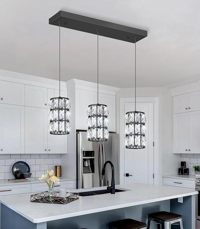 3-Lights Rectangle Modern Crystal Pendant Lights for Kitchen Island LED Dimmable Glam Pendant Lighting Chandelier for Dining Room Hallway Corner Lamp Black