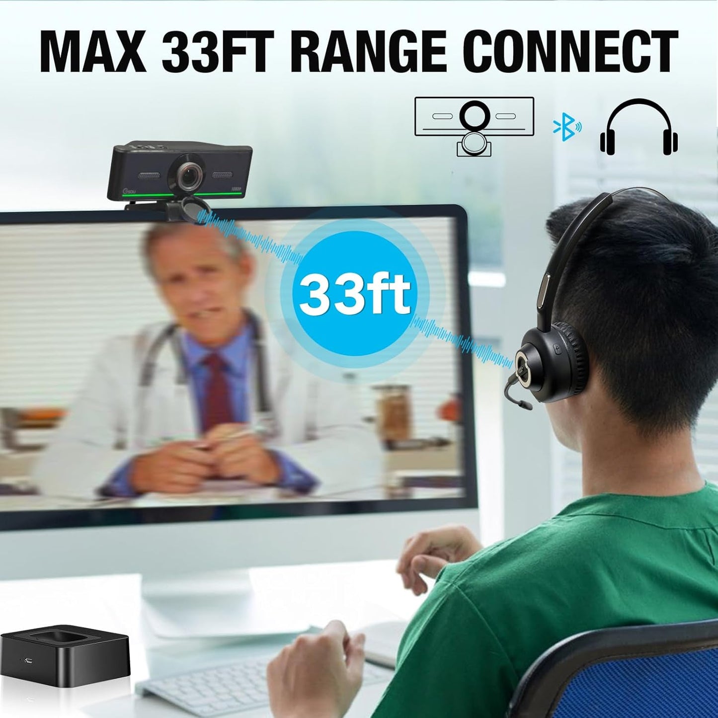 Webcam with Headset and Microphone, 1080P Webcam with Privacy Cover, Plug and Play Web Camera for Desktop Computer Zoom Meetings, Audio Bluetooth only for Headset