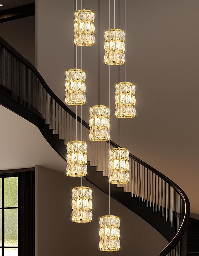 9-Lights Modern Crystal LED Dimmable for Staircase Foyer High Ceiling Chandeliers Hallway Gold