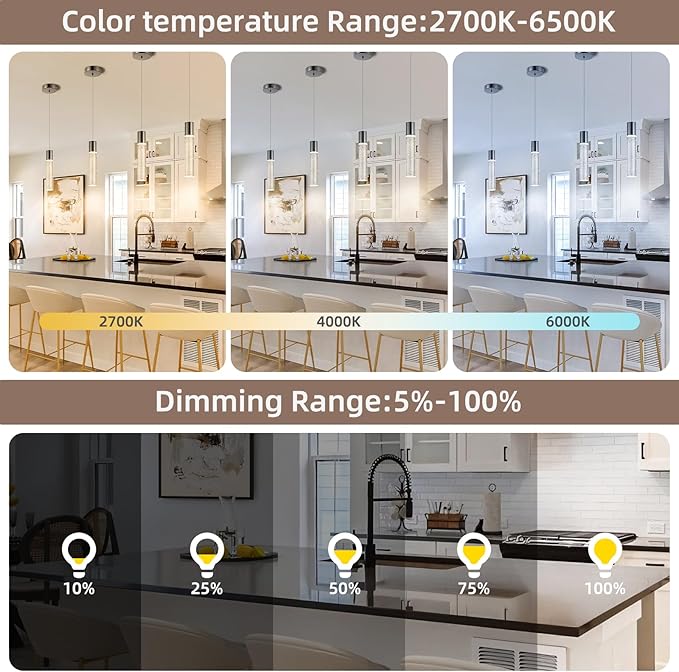 Pendant Lights Kitchen Island, 2700-6000K Modern Kitchen Island Lights,Black Dimmable Hanging Light Fixtures with Crystal Bubble, 12W LED Hanging Light for Dining Room, (1Pack)