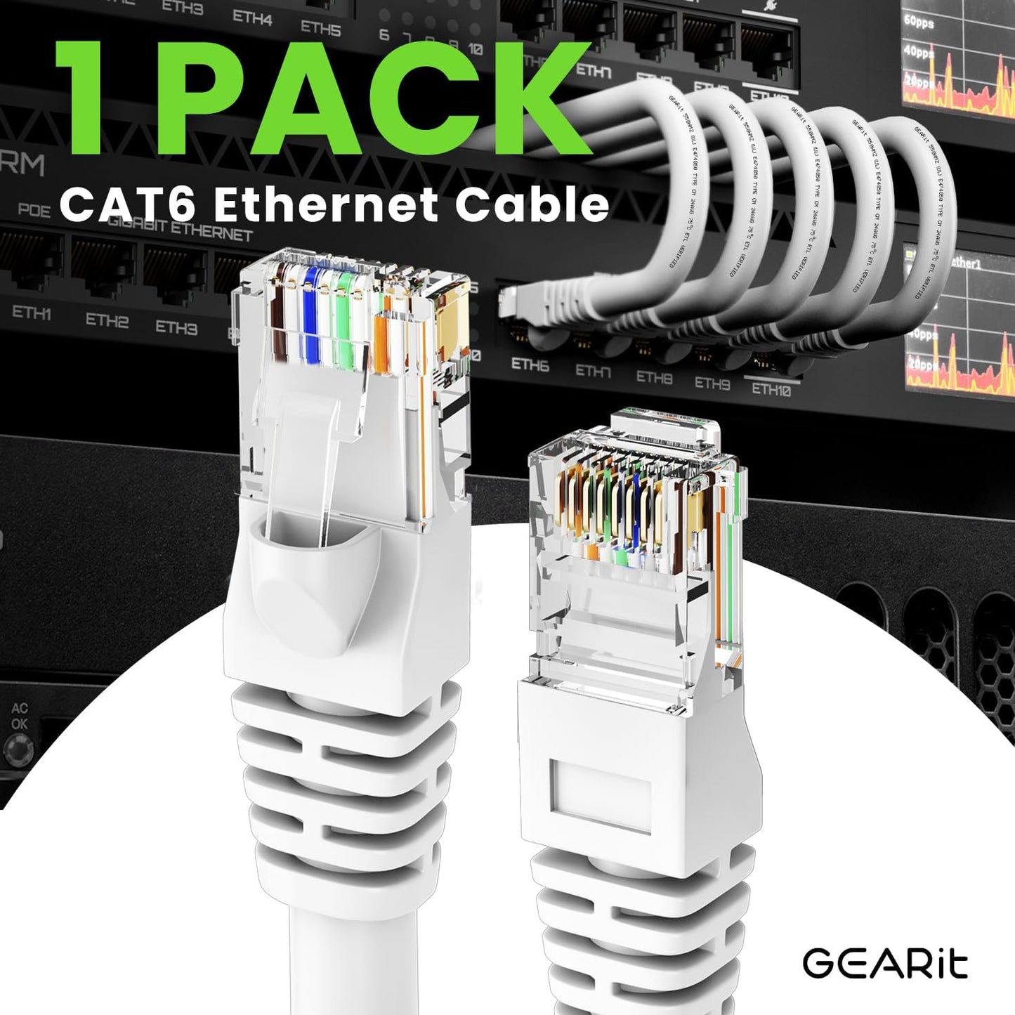 GEARit Cat 6 Ethernet Cable (1-Pack 14 Feet) Cat6 Network Patch, 10Gbps, RJ45, Snagless Cord, Gold-Plated Connectors, Internet for PC, TV, Tablet, Router, Printer, Servers, IT Data Center - White