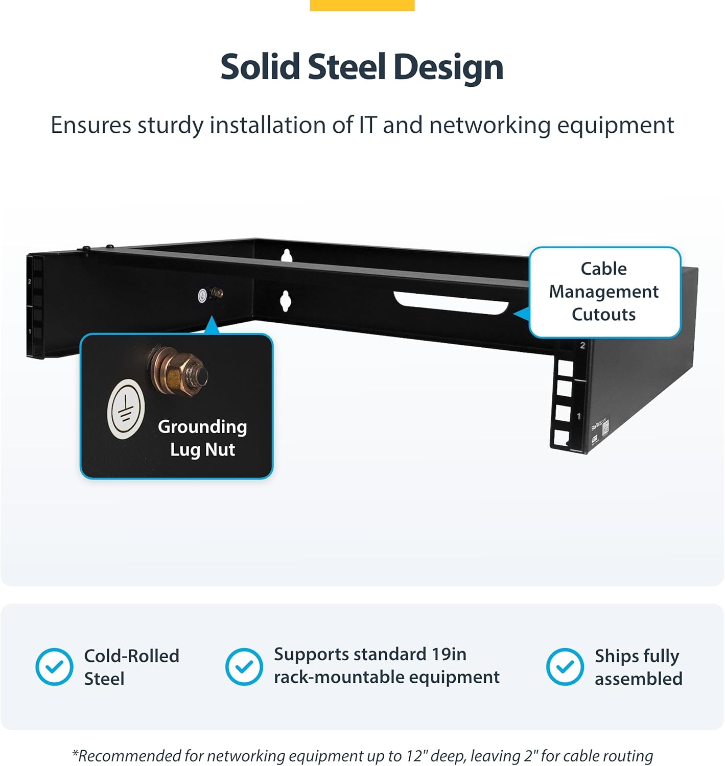 StarTech.com 2U Wall Mount Network Rack - 14 in Deep (Low Profile) - 19" Patch Panel Bracket for Shallow Server, IT Equipment, Network Switches - 77lbs/35kg Weight Capacity, Black (RACK-2U-14-BRACKET)