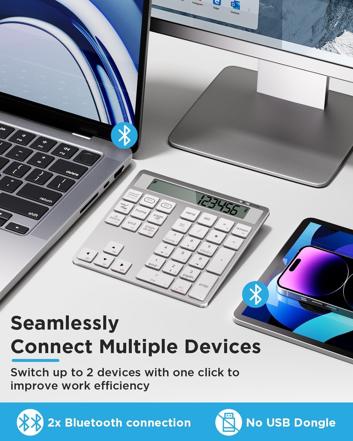 Rechargeable Wireless Number Pad for Laptop, 34 Keys Numeric Keypad with Dual Bluetooth & Display, 2-in-1 Numpad and Calculator, Slim Portable Number Pad Keyboard for Windows, Mac, PC, Tablet