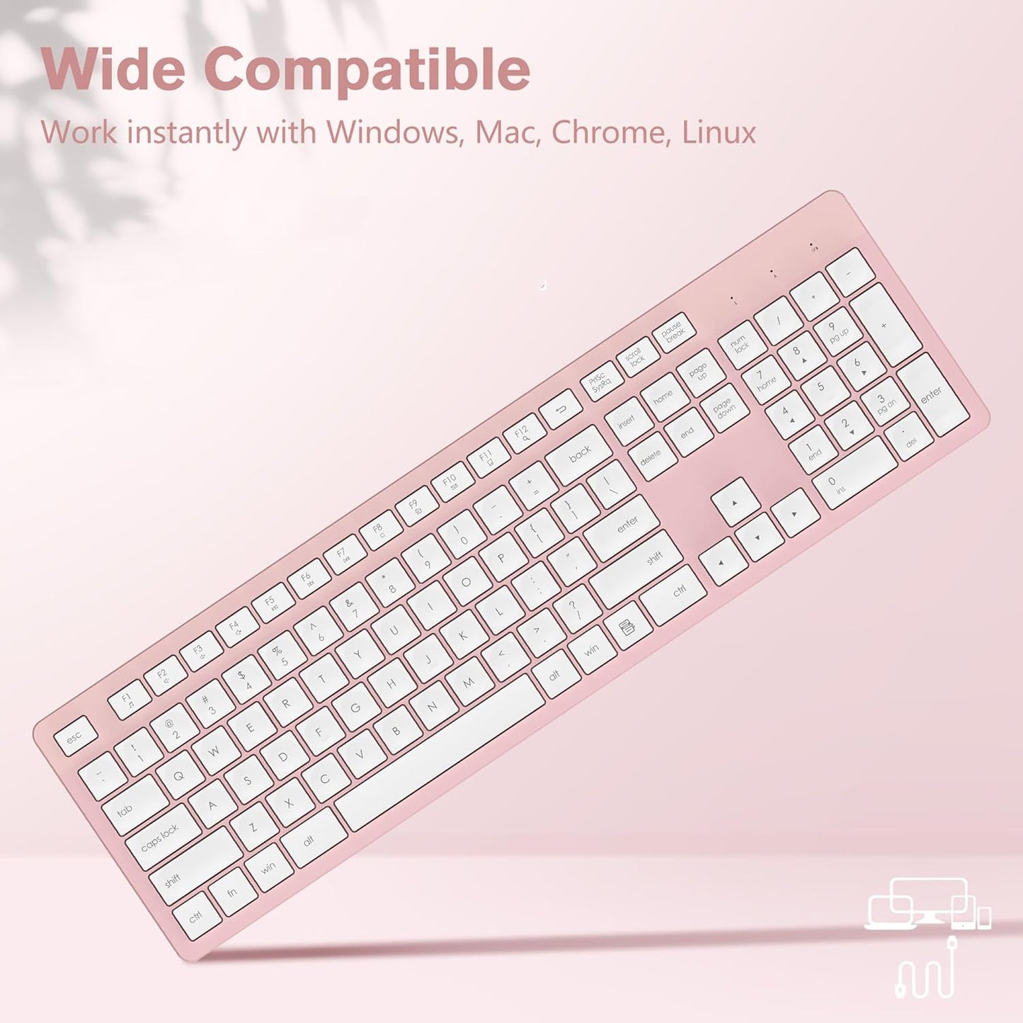 LeadsaiL Pink Wireless Keyboard, 2.4GHz Full-Sized Ergonomic Computer Keyboard, Cordless Noiseless Keyboard,12 FN Shortcuts for Windows MacOS Laptop Computer
