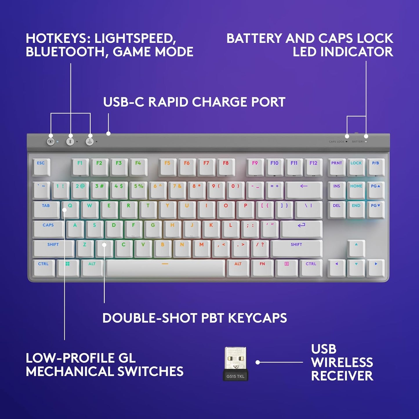 Logitech G515 Wireless Gaming Keyboard TKL, LIGHTSYNC RGB, Thin Tenkeyless Design, Double-Shot PBT Keycaps, Tactile Brown Mechanical Switches - White