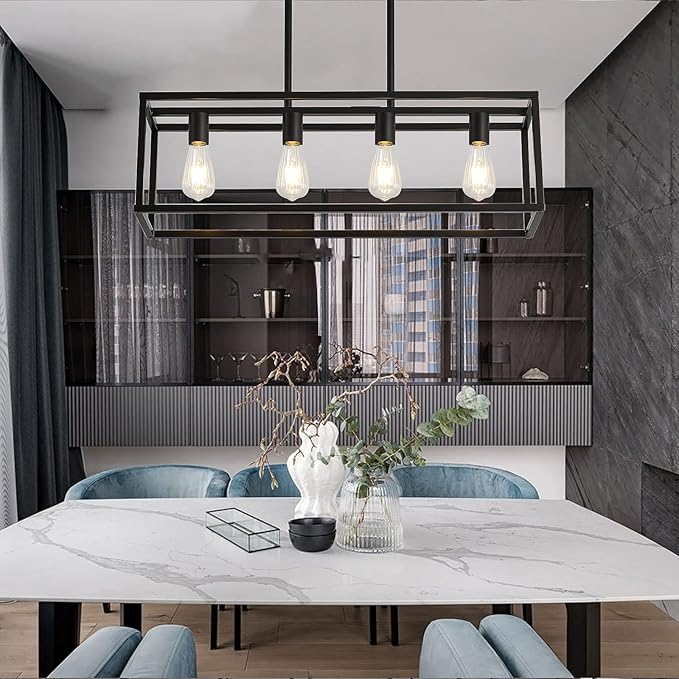 XILICON Contemporary Chandeliers Black 4 Light Modern Vintage Dining Room Lighting Fixtures Hanging, Kitchen Island Linear Pendant Lights Farmhouse Flush Mount Ceiling Light