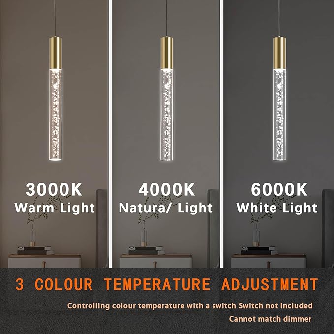 Modern Gold Pendant Light Fixture, 1-Light 3-Color LED Pendant Lighting Acrylic Cord Adjustable Ceiling Hanging Lights for Kitchen Island Living Room Bedroom Dining Room (3 Pack)