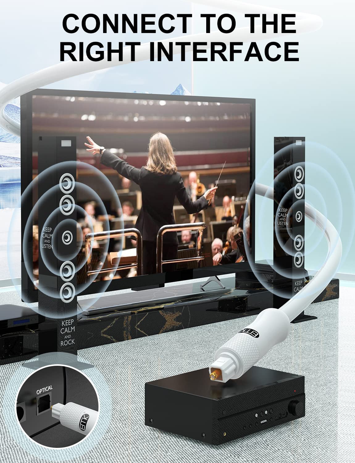 EMK White Optical Audio Cable [24ft/7.6M] - Digital SPDIF Toslink Fiber Optic Cable for Sound Bar, TV, Home Theater, Blu-ray Player - White, High-Speed, Low-Loss, Gold-Plated Connectors