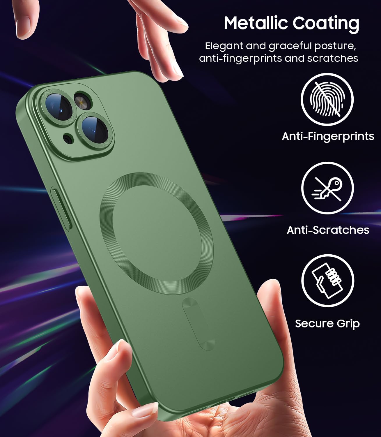 Magnetic for iPhone 14 Plus Case [Compatible with MagSafe][Built-in Camera Lens Protector] Slim Soft Silicone Bumper Shockproof Metallic Luster Phone Case (Green)