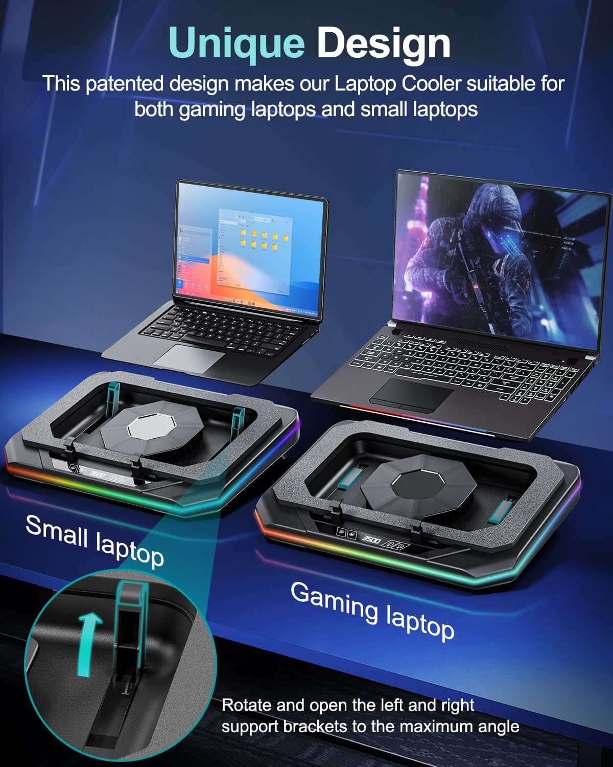 MOUNT PRO Gaming Laptop Cooling Pad, RGB Laptop Cooler Stand with Powerful Turbofan (3500 RPM), Height Adjustable Laptop Fan Cooling Pad for 13-19 Inches Notebook, with Sealed Foam, Touch Control