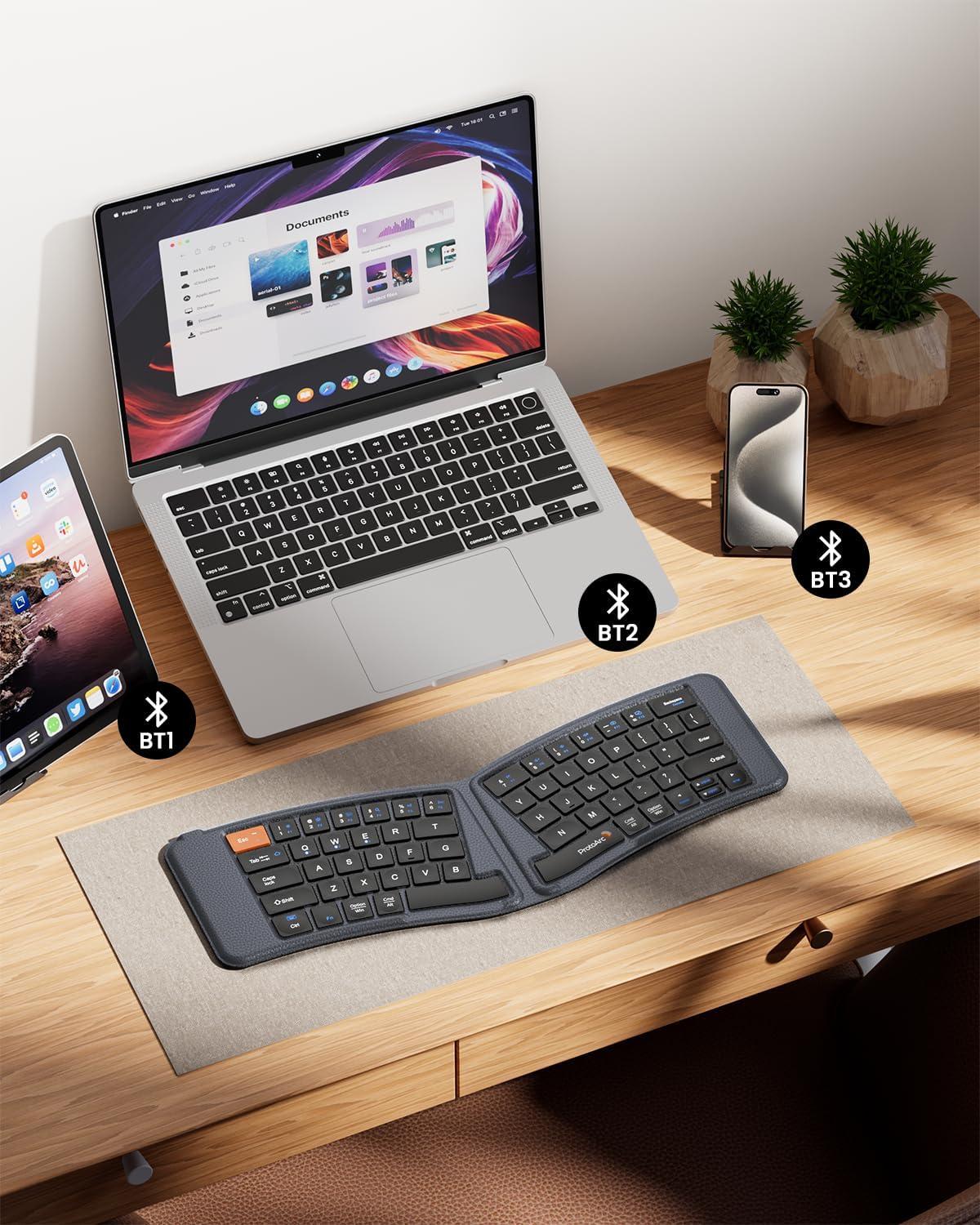 ProtoArc Ergonomic Foldable Keyboard, XK03 Split Folding Bluetooth Keyboard, Ultra Slim, Portable, for iPad, iPhone, Tablet, Laptop, PC - Gray
