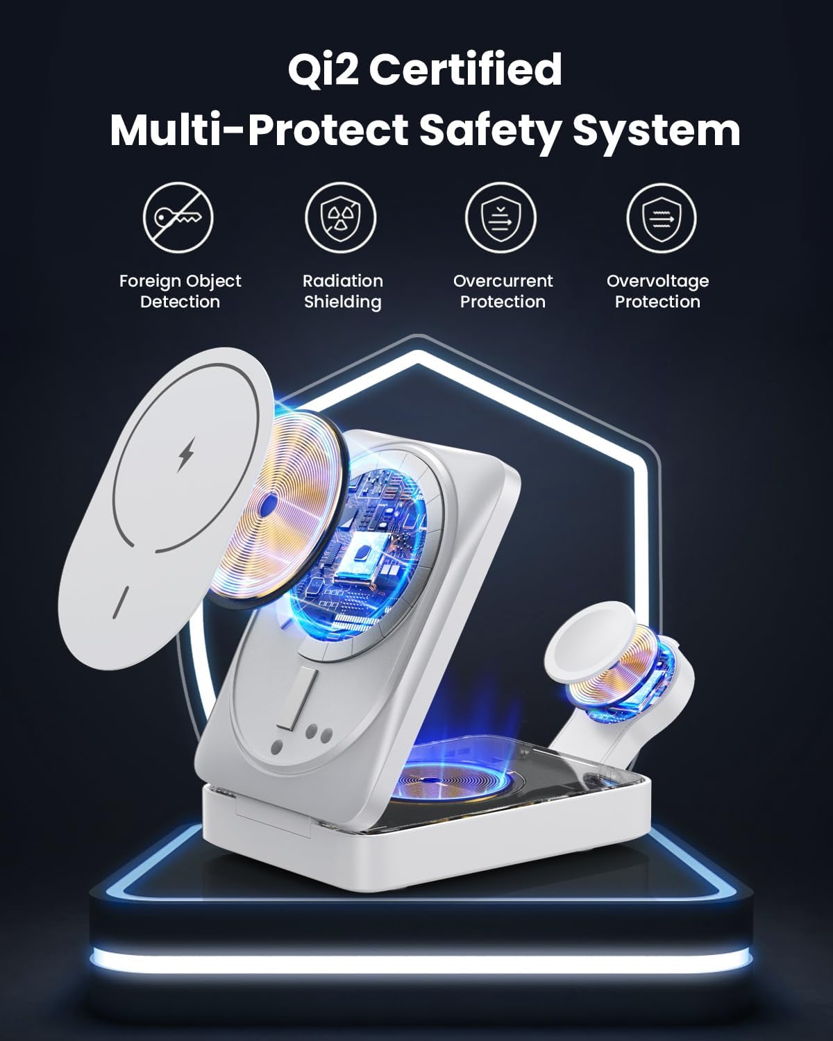 3-in-1 Wireless Charger Charging Station for iPhone, Qi2 Certified 15W Fast Charging Foldable Magnetic Charger Stand with 30W USB C Adapter for MagSafe iPhone 16/15/14/13/12, Apple Watch, AirPods