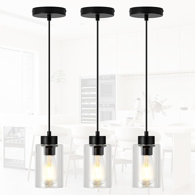 Pendant Lights Kitchen Island 3 Pack, Modern Black Hanging Lights Fixtures with Clear Glass Globe Shade, Kitchen Island Lighting for Bathroom