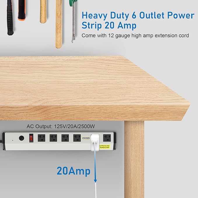 CCCEI Heavy Duty Power Strip Surge Protector 20 Amp, High Amp Industrial Shop Garage Metal Multiple Outlets, 12 FT 12 Gauge 5-15P Extension Cord 6 Outlet 6-20R T-Slot 20a for Appliance.