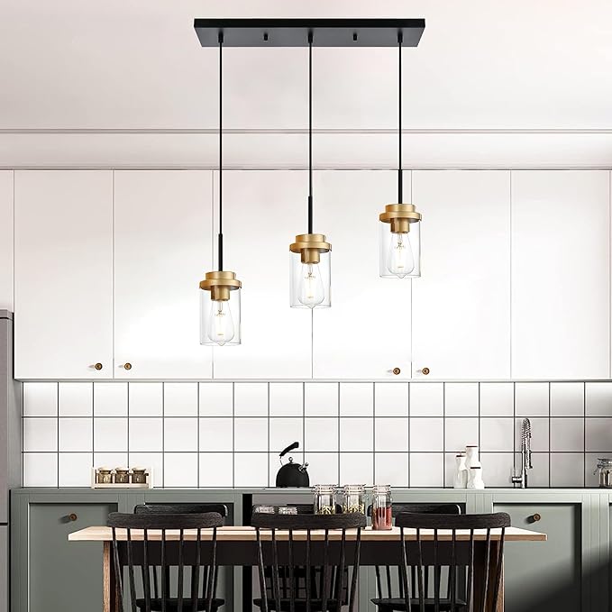 MELUCEE 23.6 Inches Dining Room Light Fixture Hanging 3-Lights Kitchen Pendant Light Fixture Over Island Black Ceiling Hanging Lamp with Clear Glass Shade, Gold Socket