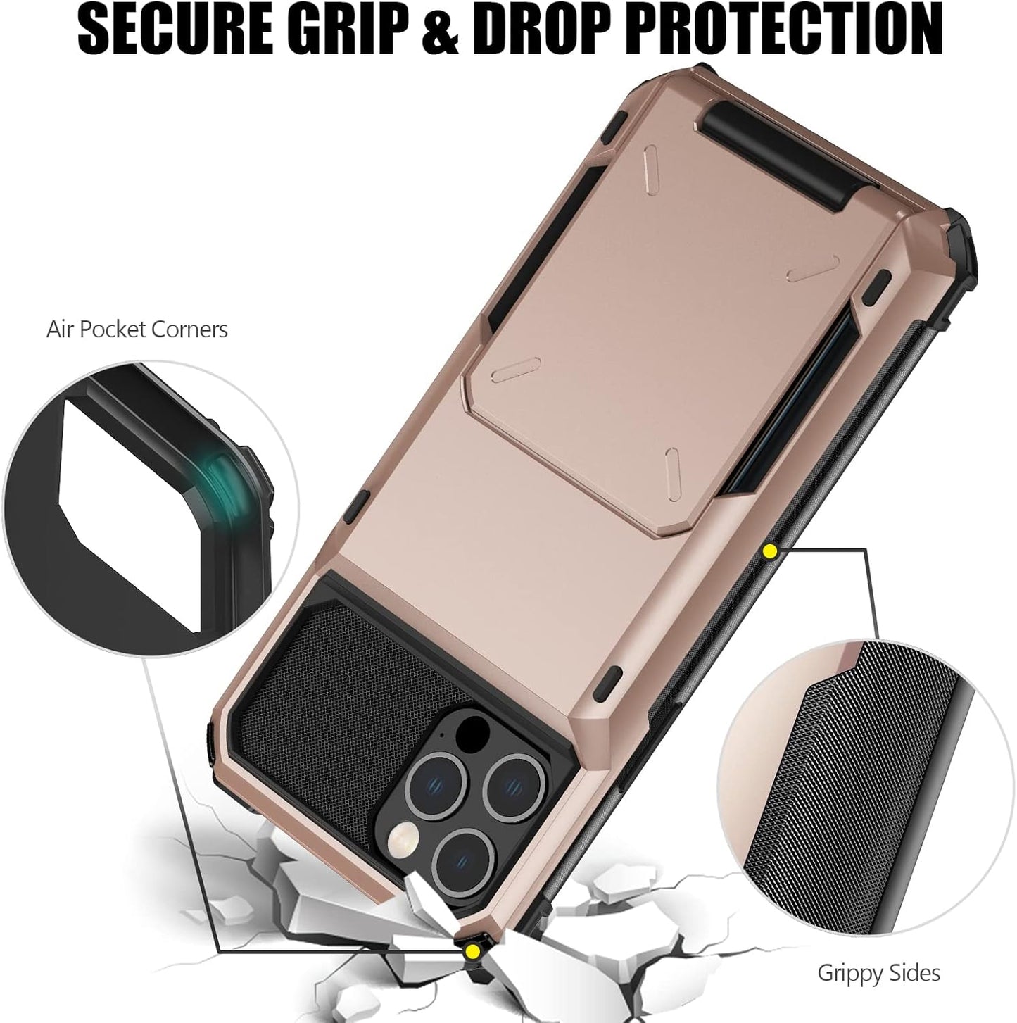 Nvollnoe for iPhone 12/12 Pro Case with Card Holder[Store 5 Cards] Dual Layer Heavy Duty Shockproof iPhone 12 Wallet Case with Hidden Card Slot Large Storage Cover for iPhone 12(Rose Gold)