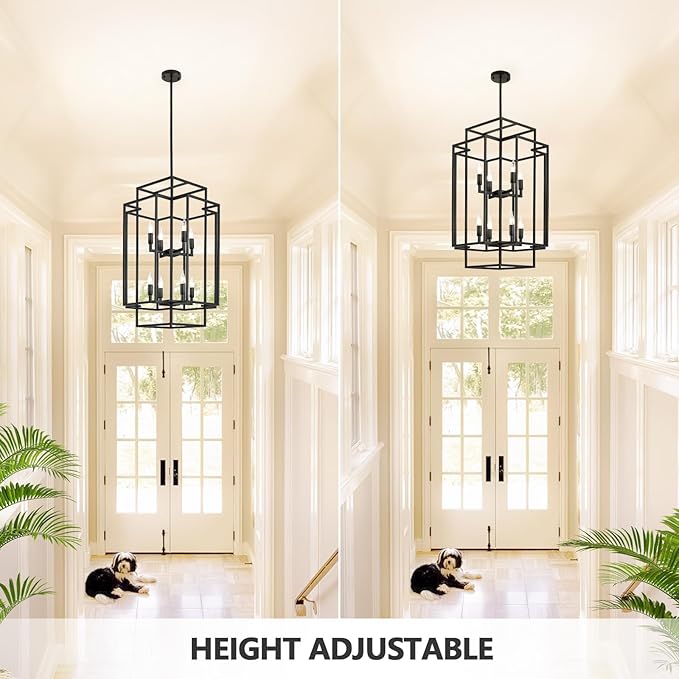 WJShome Modern Black Chandelier, 31.5" Large Chandeliers for High Ceilings, 8-Light Tiered Lantern Pendant Light, Farmhouse Foyer Lighting Fixtures, for Living Room, Staircase, Entryway