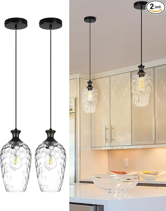 2-Pack Black Pendant Lights Kitchen Island, Modern Farmhouse Hanging Ceiling Lights with Hammered Glass for Dining Room Kitchen Sink