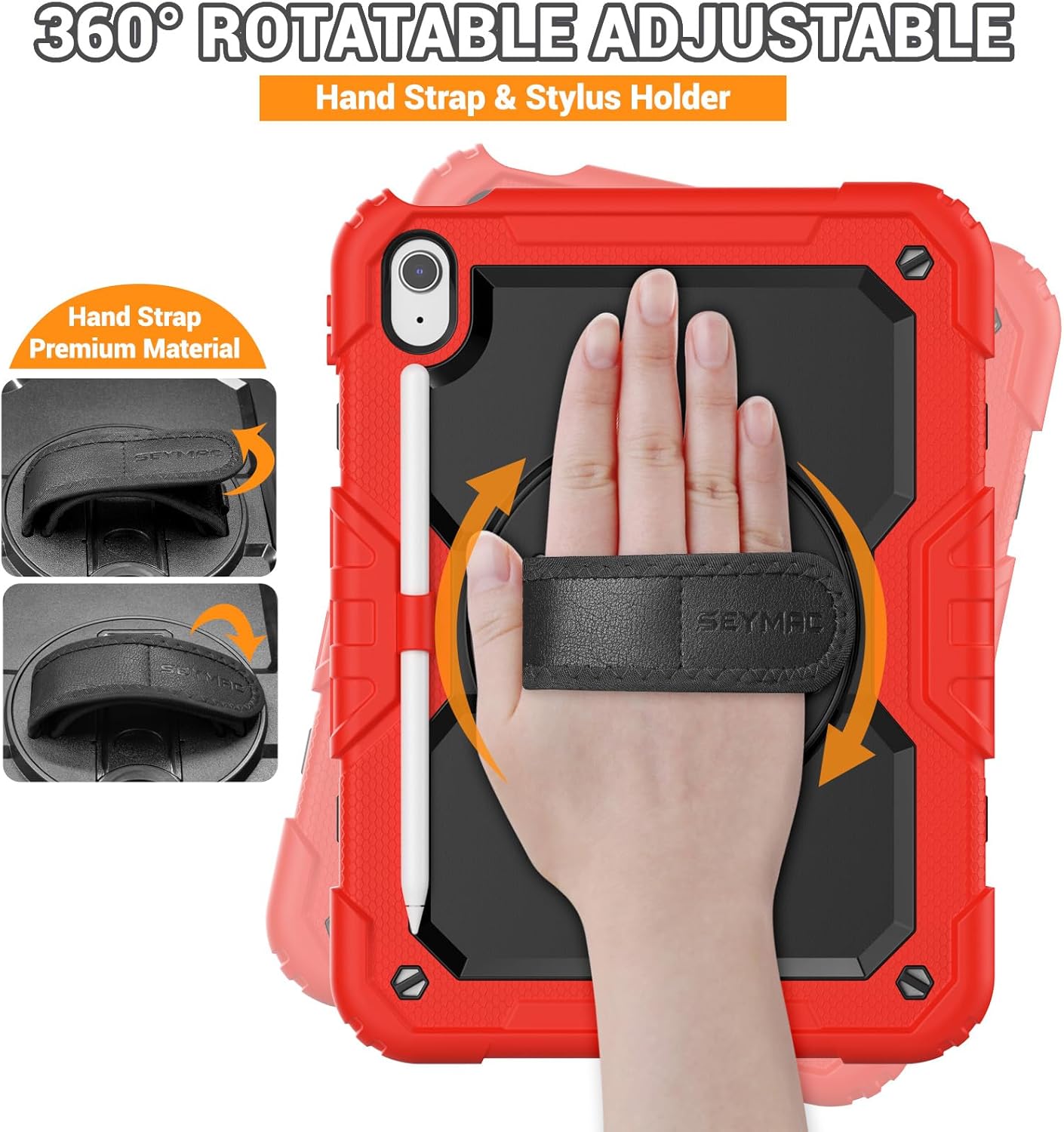 SEYMAC for iPad (A16) 11th/10th Generation Case 2025/2022 (11″/10.9″), Sturdy Heavy Duty Full-Body Shockproof Protective Case with Screen Protector, Rotating Stand, Hand/Shoulder Strap, Black/Red
