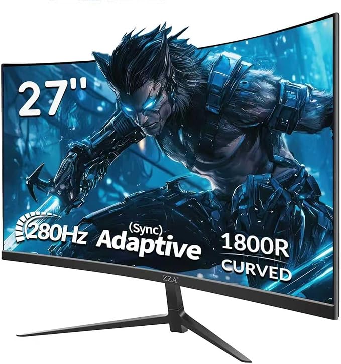 ZZA 27 Inch Gaming Monitor Curved, Curved Gaming Monitor Frameless Ultra-Fast 280Hz|240Hz 1ms FHD 1080P,Curved Monitor 1800R|FreeSync|99% sRGB|HDR|Low Blue Light|HDMI DP Ports|VESA Mount|Metal Stand