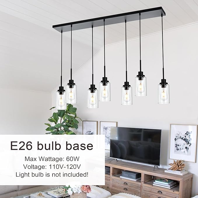 MELUCEE Linear Hanging Pendant Lights with Clear Glass Shade Black Dining Room Light Fixtures Over Table Kitchen Island Lighting, Adjustable Hanging Height