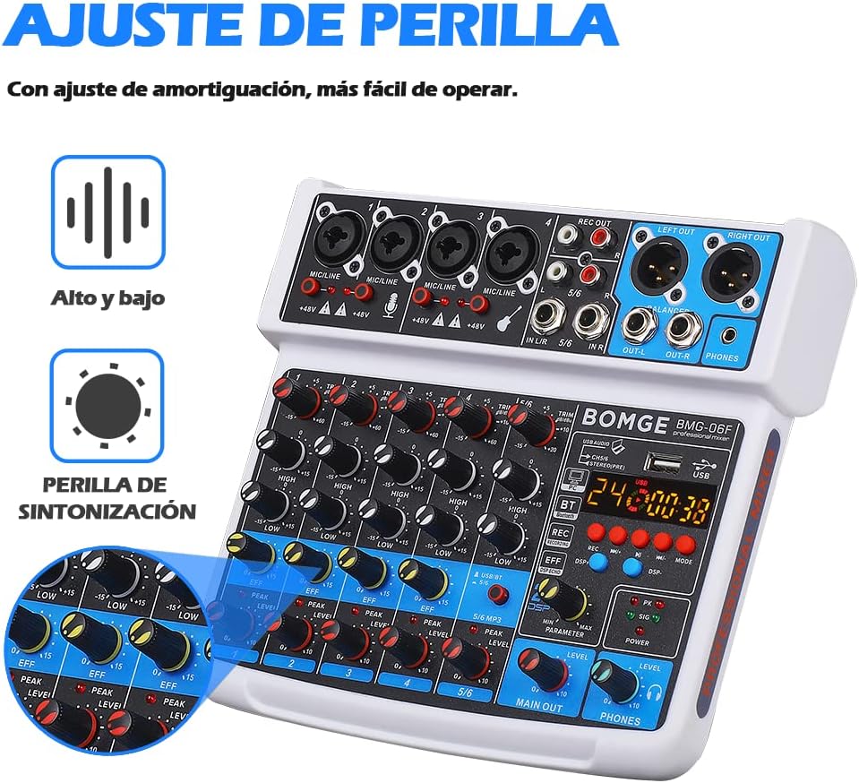 BOMGE 6 Channel mini DJ Audio sound mixer console with USB interface, Bluetooth, Stereo Recording, 48V Phantom Power, 24 DSP effects for karaoke, singing, live，streaming，pc recroding. (black)