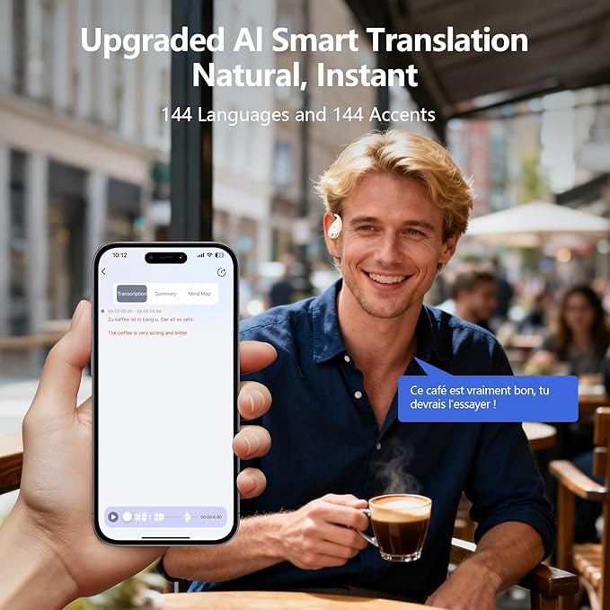 AI Translator Earbuds Real-Time 144 Languages & Accents, 3-in-1 Open Ear Wireless Bluetooth Earbuds with Charging Case,Translation Device for Travel Business Learning Compatible with iOS and Android