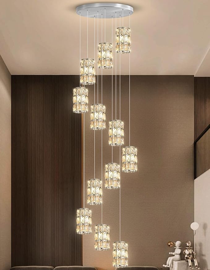 12-Lights Modern Crystal LED Dimmable for Staircase Foyer High Ceiling Chandeliers Hallway Nickel