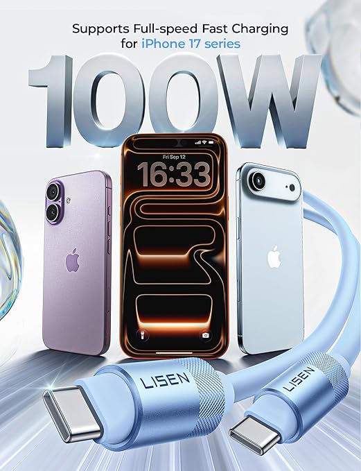 LISEN for iPhone Air 17 Charger Cord USB Cable 10FT, Chubby 100W Soft Silicone USB C to USB C Fast Charging Cable, Long USBC to USBC for iPhone 17 16 15, Samsung S25, MacBook Pro/Air, Blue