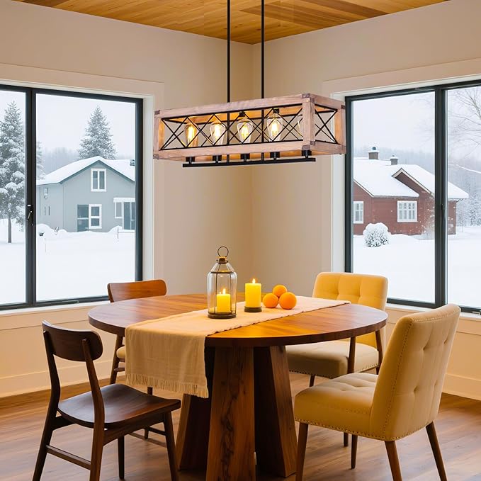 Rectangle Wood Chandelier Farmhouse Style Kitchen Pendant Lighting Over Island 5 Light 31 Inch Dining Room Light Fixture Adjustable Height Pendant Light for Dining Room Bar Pool Table.