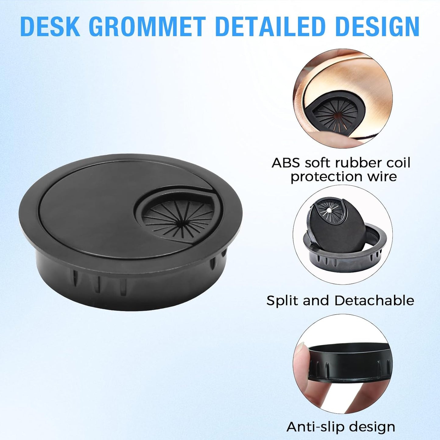 Desk Grommet 2-3/8" (60 mm), Desk Cord Hole Cover, Cable Grommet Metal Zinc Alloy Materilal, Desk Hole Grommet for Office and Home Table Cable, Detachable Cable Cord Organizer (Flat Black 2 Pcs)
