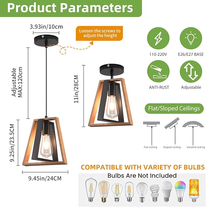 2 Pack Kitchen Island Pendant Lights, Black Industrial Metal and Vintage Wood Hanging Light, Mini Farmhouse Chandelier, Adjustable Height Rustic Ceiling Lamp for Entryway, Dining Room, Foyer