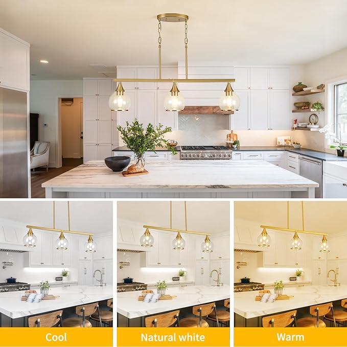 Island Light for Kitchen, 3-Light Gold Kitchen Island Linear Hanging Pendant Chandeliers, Brushed Gold Dining Room Light Fixture Over Table with Clear Round Glass Shades