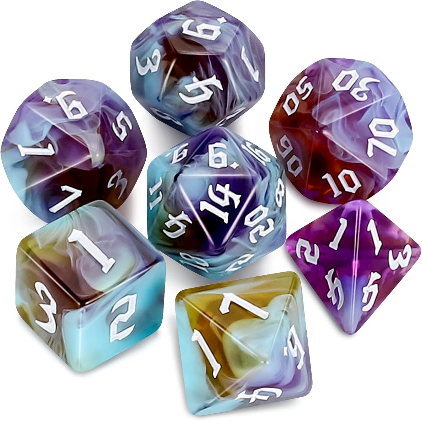 QMAY DND Dice Set -D&D Polyhedral Dice (7pcs) for Dungeons and Dragons (Water Blue and Purple)