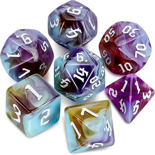 QMAY DND Dice Set -D&D Polyhedral Dice (7pcs) for Dungeons and Dragons (Water Blue and Purple)