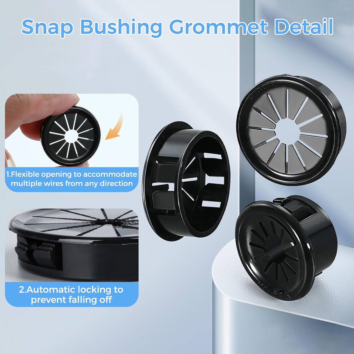 8 Pcs Cable Grommet, Snap Bushing 1-3/4" (45 mm) Mounting Diameter, Flexible Petal-Shaped Buckle Round Nylon Desk Grommet for Wires Through Countertop Cord Organizer and Protection, Black