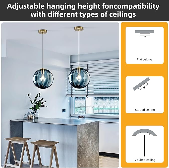 Modern Blue Glass Pendant Light, Kitchen Island Lighting Single Globe Pendant Light Fixtures Century Kitchen Island Pendant Lighting for Bedroom Living Dining Room Light Fixture （Without Bulb）