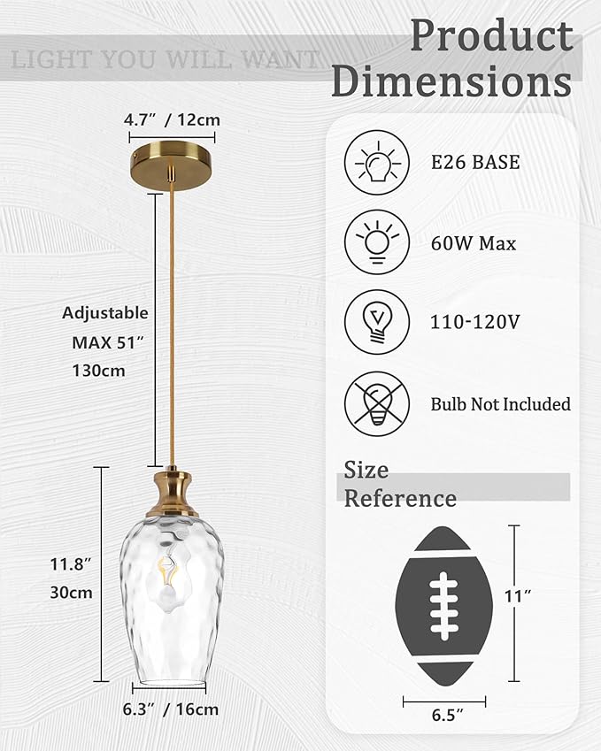 1-Light Farmhouse Pendant Light, Modern Hanging Ceiling Light with Hammered Glass in Brushed Brass Gold for Dining Room Kitchen Island Over Table