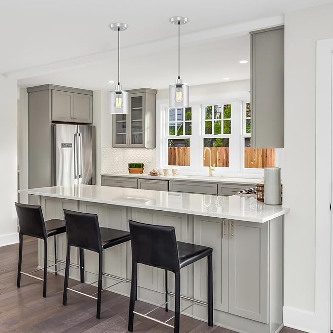 Pendant Light Kitchen Island Lighting 2 Pcs, with Bulb & Clear Glass Shade - 59 Inch Hanging Cord Farmhouse Hanging Lighting Fixture for Dining Room Bedroom Hallway - Brushed Nickel