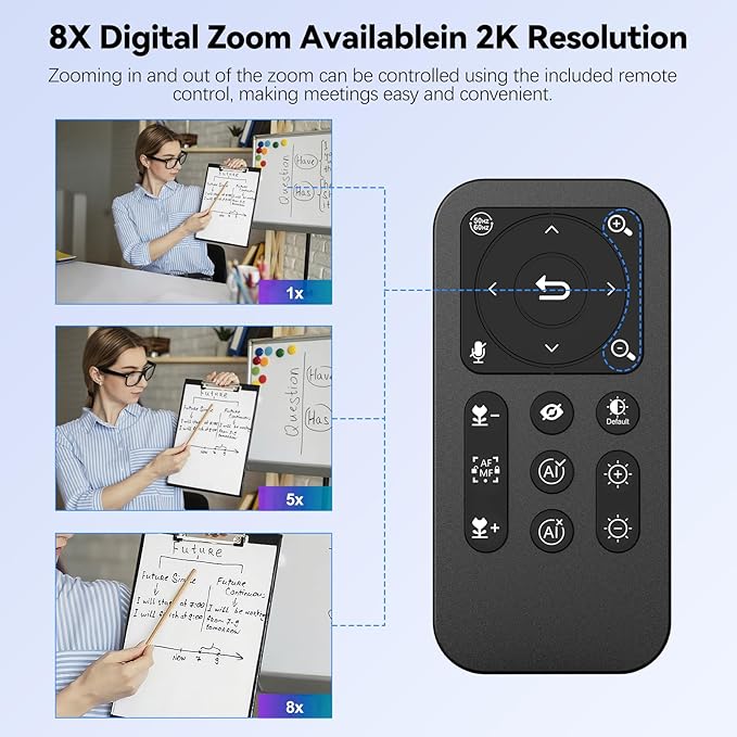 ‌2K AI Webcam for PC,1080P 60fps TOF Computer Camera with 8X Digital Zoom USB 3.0 Webcam with Remote Control/HDR/Dual Noise Cancelling Mics for Streaming & Meeting on Zoom/Teams/Facetime