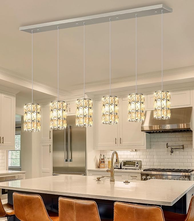 6-Lights Rectangle Modern Crystal Pendant Lights for Kitchen Island LED Dimmable Glam Pendant Lighting Chandelier for Dining Room Hallway Corner Lamp Nickel