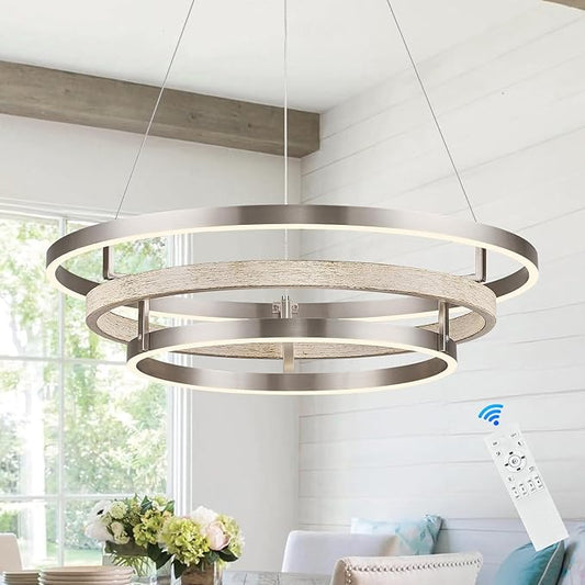 3 Ring LED Chandelier Nickel Round Chandelier Light Fixture Dimmable Foyer Chandeliers Light Weathered Wood Circular Chandeliers for Dining Room Entry Bedroom Office Living Room
